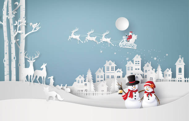 Merry Christmas and winter season Merry Christmas and winter season,with Santa Claus and snow man. Paper art and craft style. paper silhouettes stock illustrations