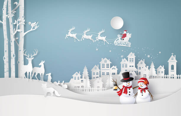 Merry Christmas and winter season Merry Christmas and winter season,with Santa Claus and snow man. Paper art and craft style. christmas santa tree stock illustrations