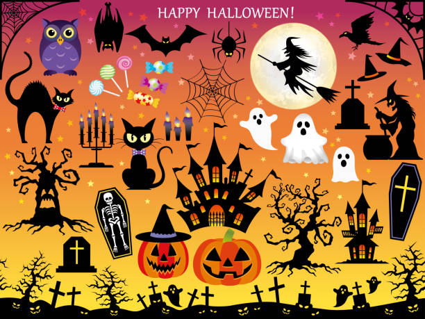 ilustrações de stock, clip art, desenhos animados e ícones de set of assorted happy halloween design elements. - halloween witchs hat witch autumn