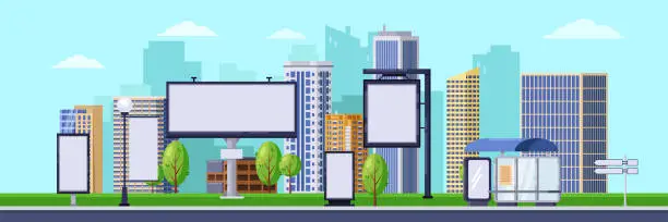 Vector illustration of City advertising illustration. Vector cityscape with blank billboards and banners. Business promotion and advertisement