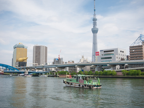 Tokyo, Japan. September 12, 2018. Sumida River Terrace, The Skytree Tower , Asahi Breweries and other buildings - from Azumabashi, Asakusa