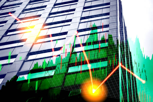 istock Graph index of stock market with office building (red bear chart) 1061935576