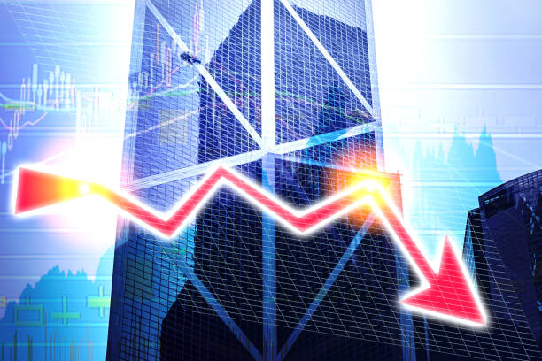 istock Graph index of stock market with office building (red bear chart) 1061935588