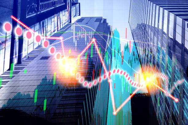 istock Graph index of stock market with office building (red bear chart) 1061935604