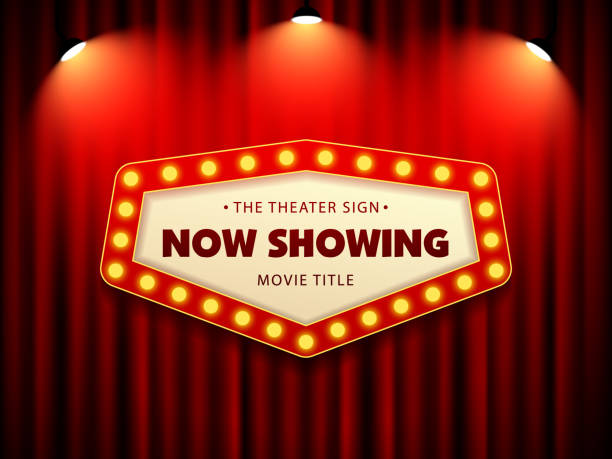 istock Cinema Theater Retro Sign on curtain with spotlight 1061943090