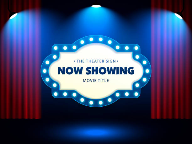 Theater Retro Sign on red curtain with spotlight vector art illustration