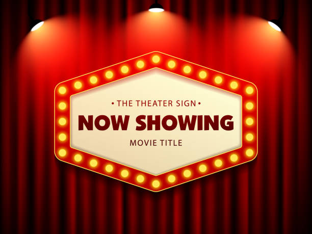 istock Cinema Theater Retro Sign on curtain with spotlight 1061943230