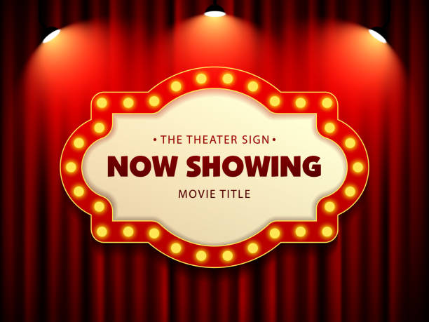 istock Cinema Theater Retro Sign on curtain with spotlight 1061943384