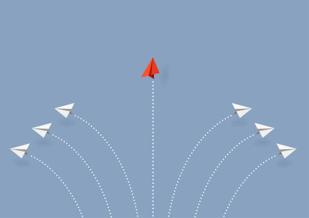 istock Business concept. Red paper airplane flying changing direction on blue sky of business teamwork and one different vision. Leader, New idea, boss, manager, winner concept, trend. Vector illustration 1061944922