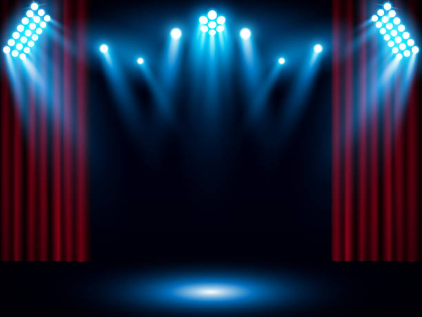 Theater stage on red curtain with spotlight vector art illustration