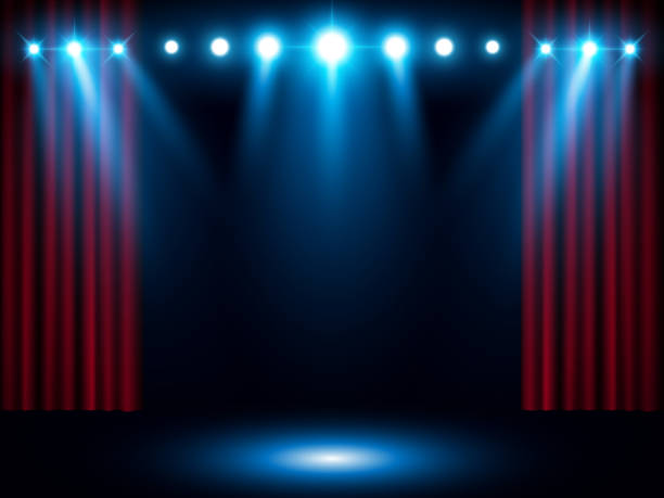 Theater stage on red curtain with spotlight vector art illustration