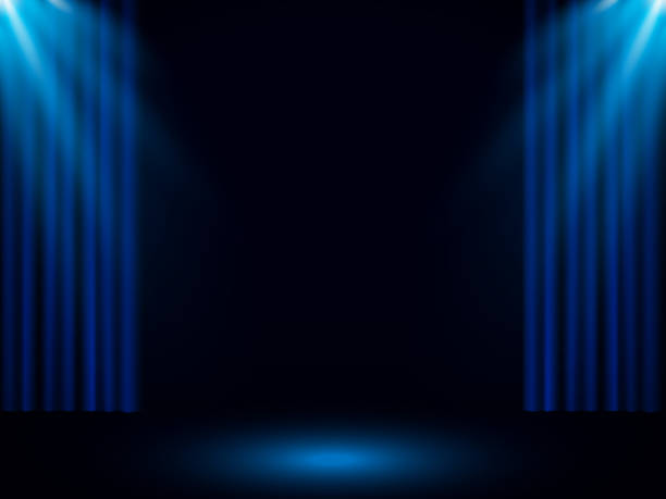 Theater stage on blue curtain with spotlight vector art illustration
