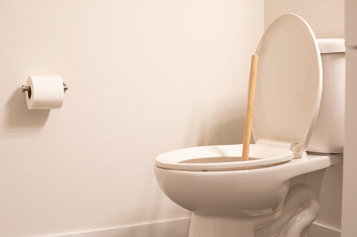 Toilet plunger in a bathroom , restroom, or washroom