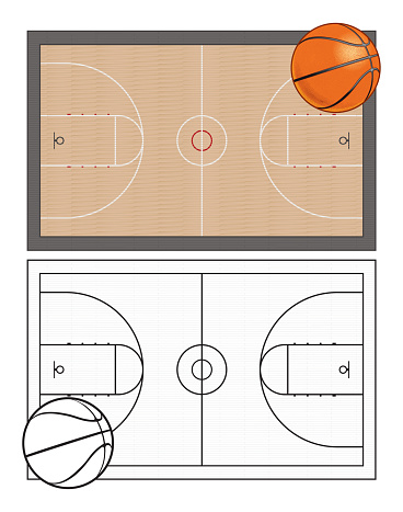 A full color image of a basketball court with parquet flooring and a basketball, along with a simplified black and white version.