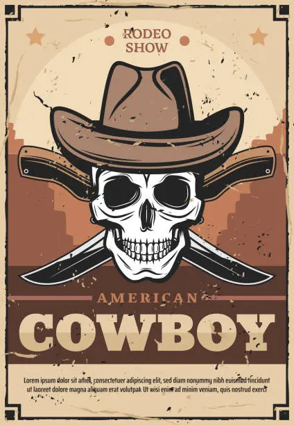 Vector illustration of Cowboy skull in hat with crossed knives