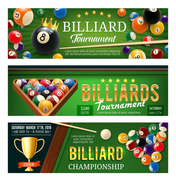 ilustrações de stock, clip art, desenhos animados e ícones de billiards sport game, balls and cues - snooker table