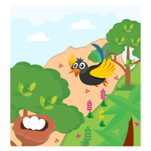 Vector illustration of cute colorful bird flying to the nest, cartoon character