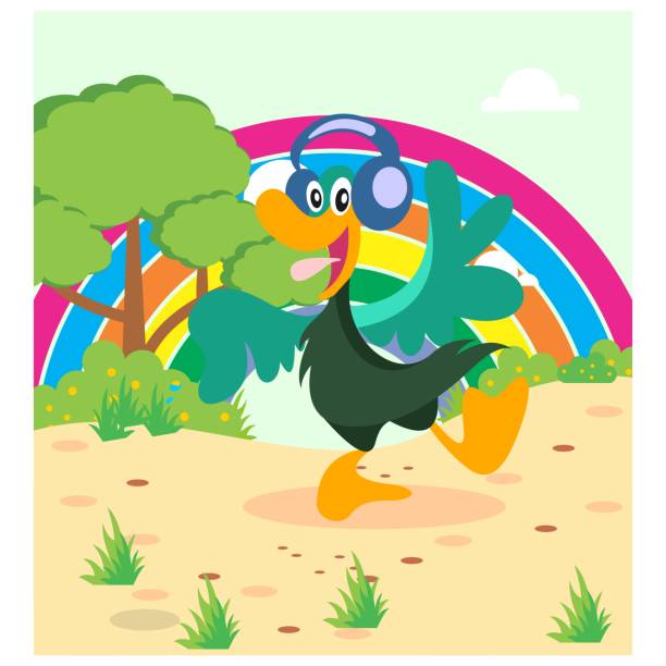 ilustrações de stock, clip art, desenhos animados e ícones de cute little duck wearing headset in the desert with rainbow, cartoon character - safari animals audio