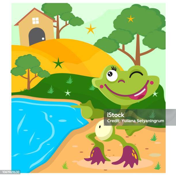재미 있는 녹색 개구리 강 만화 캐릭터 옆 스탠드 강에 대한 스톡 벡터 아트 및 기타 이미지 - 강, 개구리, 경관 - Istock
