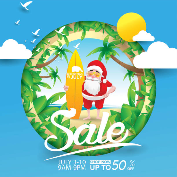 ilustrações, clipart, desenhos animados e ícones de natal em junho, julho e agosto, para propaganda, marketing, publicidade, venda de verão - beach sunlight surfboard santa claus