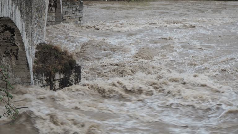 The Serio river swollen after heavy rains. Province of Bergamo, northern Italy