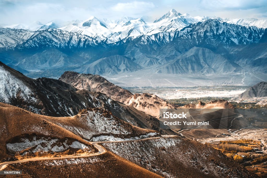 Landscape of Snow mountains and mountain road to Nubra valley in Leh, Ladakh India Mountain Stock Photo
