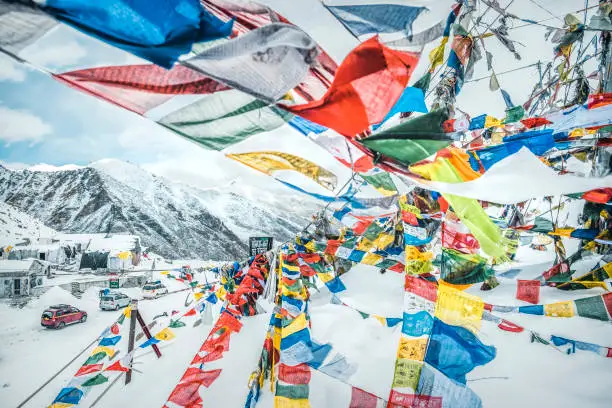 Prayer Flag view at Khardung La Top or Khardungla pass in Winter Ladakh, India