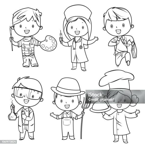 Coloring Book Professions Kids Set Stock Illustration - Download Image Now - Coloring Book Page - Illlustration Technique, Occupation, Child