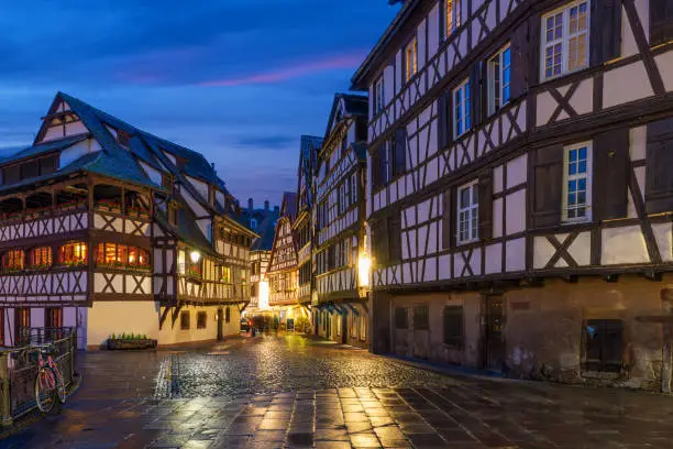 Photo of Quaint timbered houses of Petite France in Strasbourg, France. Franch traditional houses at Strasbourg, France.