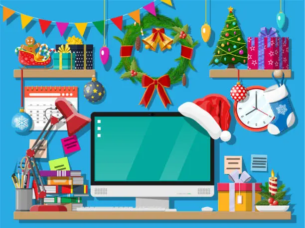 Vector illustration of Christmas new year office desk workspace interior