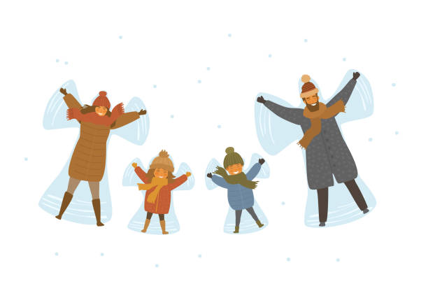 cute cartoon family, parents and children making snow angel in snow isolated vector illustration scene cute cartoon family, parents and children making snow angel in snow isolated vector illustration scene snow angels stock illustrations