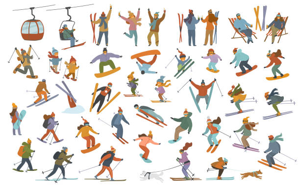 ilustrações, clipart, desenhos animados e ícones de pessoas de inverno homens mulheres crianças esqui alpino, snowboard, esquiadores cross-country, skijoring, saltando, raquetes de neve, festa em set vector cenas da ilustração de estância dos desenhos animados - atividades depois de esquiar