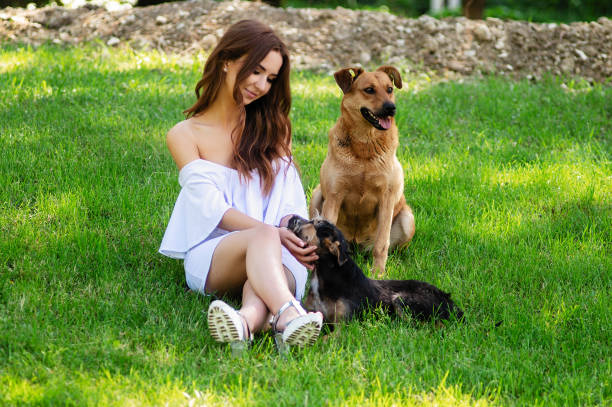 Young beautiful girl with a dog. dressed in white dress. in the summer park.