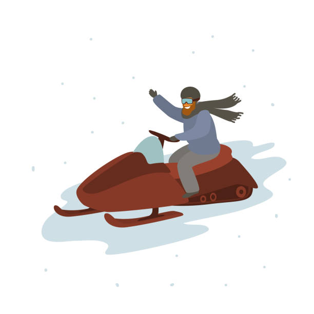 ilustrações, clipart, desenhos animados e ícones de homem dirigindo snowmobile, gráfico de ilustração de vetor de desenhos animados de inverno - snowmobiling