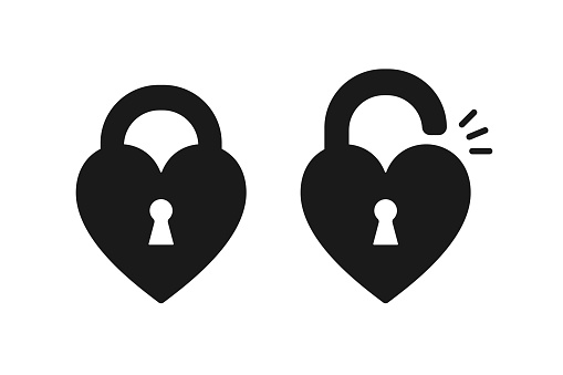 Black isolated icon of locked and unlocked heart shape lock on white background. Set of Silhouette of locked and unlocked heart shape lock. Flat design
