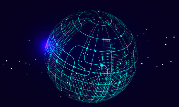 sztuczna inteligencja i przyszłe tło technologiczne, połączenie internetowe, nauka i zaplecze technologiczne - text global communications earth globe stock illustrations