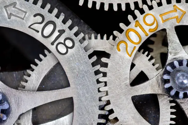 Macro photo of tooth wheel mechanism with numbers 2018, 2019 imprinted on clean metal surface; New Year concept