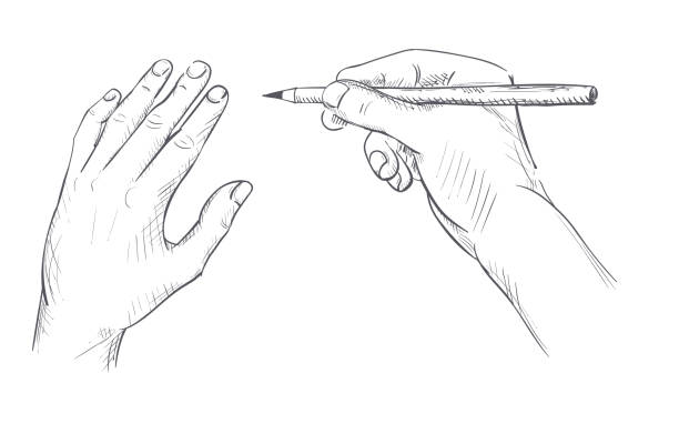 Hand with a pencil drawing sketch Hand with a pencil drawing sketch. Outline vector illustration. hand drawings stock illustrations