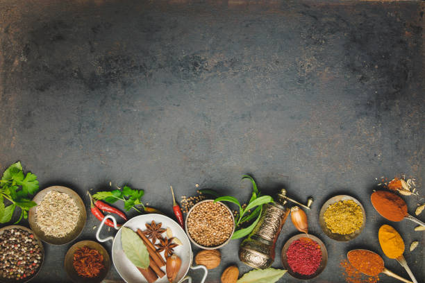 Herbs and spices on dark background Herbs and spices on dark background - turkish, indian, asian cooking concept, flat lay, space for text 2933 stock pictures, royalty-free photos & images