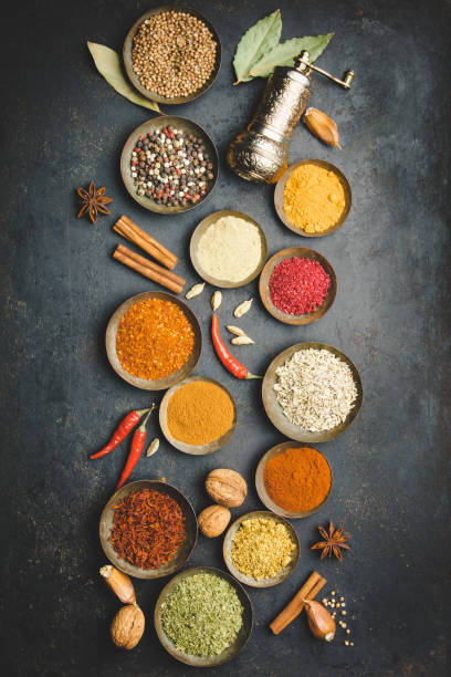 istock Various bowls of spices over dark background 1062010888