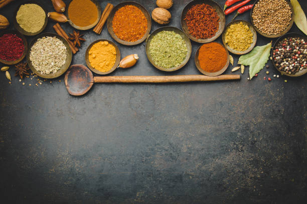 istock Various bowls of spices over dark background 1062010898