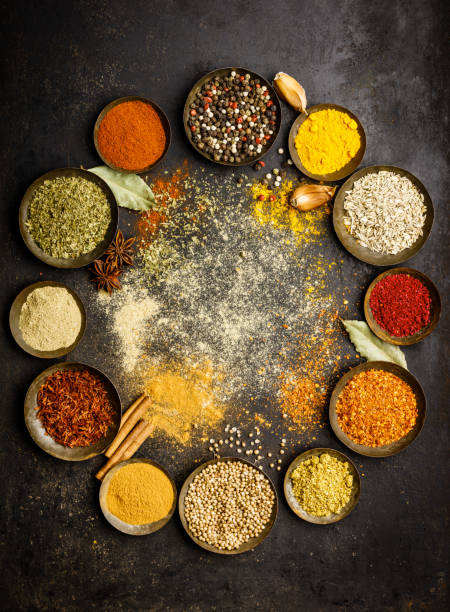 istock Various bowls of spices over dark background 1062010918