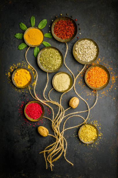 istock Various bowls of spices over dark background 1062010920
