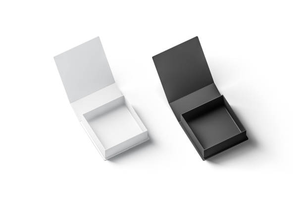 sistema de maqueta de la caja en blanco y negro regalo abierto, aislado - open container lid jewelry fotografías e imágenes de stock