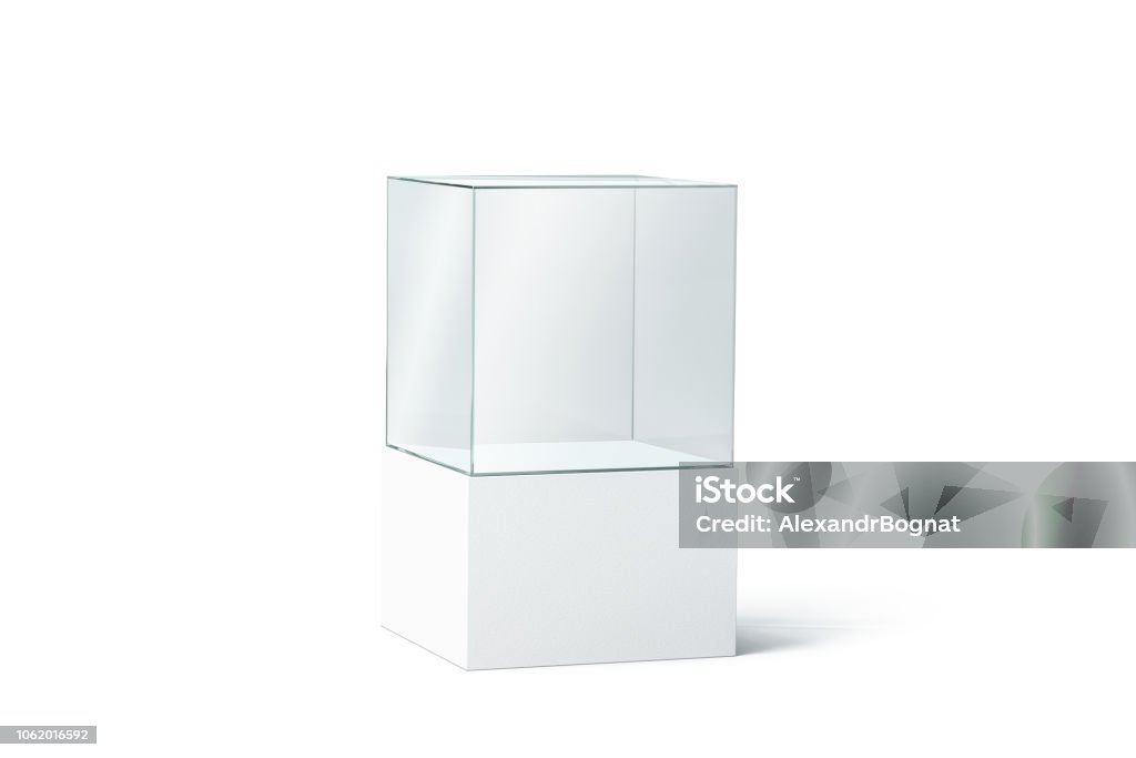 Blank white glass showcase mock up, isolated Blank white glass box podium mockup, isolated, 3d rendering. Empty transparent showcase mock up, side view. Clear exhibition cube for museum or store. Cube acrylic template. Display cabinet for expo. Box - Container Stock Photo