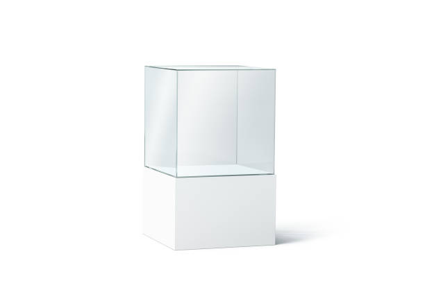 Blank white glass showcase mock up, isolated Blank white glass box podium mockup, isolated, 3d rendering. Empty transparent showcase mock up, side view. Clear exhibition cube for museum or store. Cube acrylic template. Display cabinet for expo. acrylic glass stock pictures, royalty-free photos & images