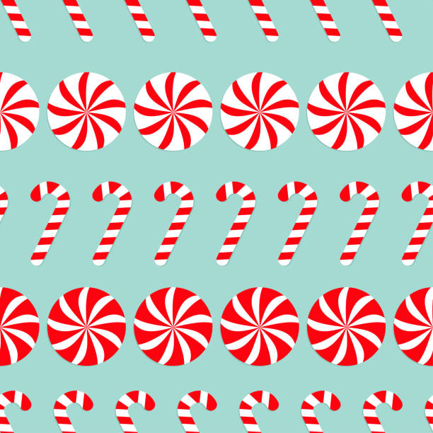 크리스마스 라운드 백색과 빨강 달콤한 설정합니다. 사탕 지팡이 원활한 패턴 장식. 포장 종이, 섬유 서식 파일입니다. 파란색 배경입니다. 평면 디자인입니다. - stick of hard candy candy cane candy peppermint stock illustrations