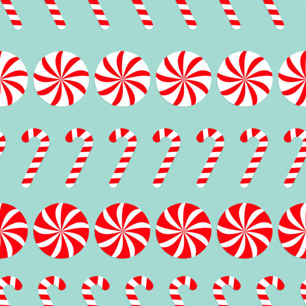 ilustrações de stock, clip art, desenhos animados e ícones de christmas round white and red sweet set. candy cane seamless pattern decoration. wrapping paper, textile template. blue background. flat design. - stick of hard candy candy cane candy peppermint