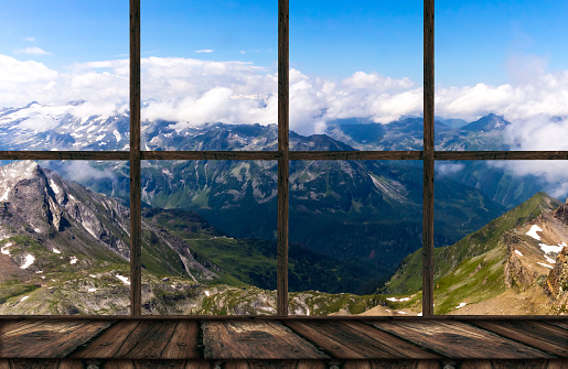Background of summer window mountain landscape panorama and shabby table place