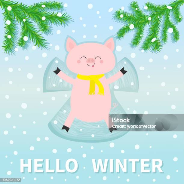 Hello Winter Pig Laying On Back Making Snow Angel Moving Paws Fir Tree  Branch Spruce Cute
